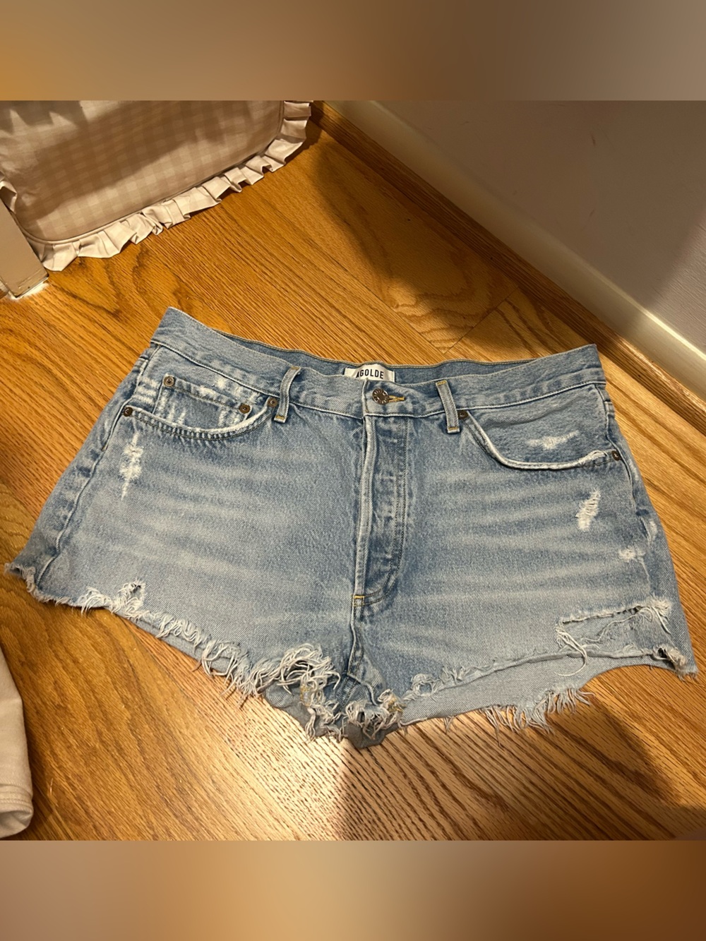 Agolde Parker Light Blue Distressed Denim Shorts